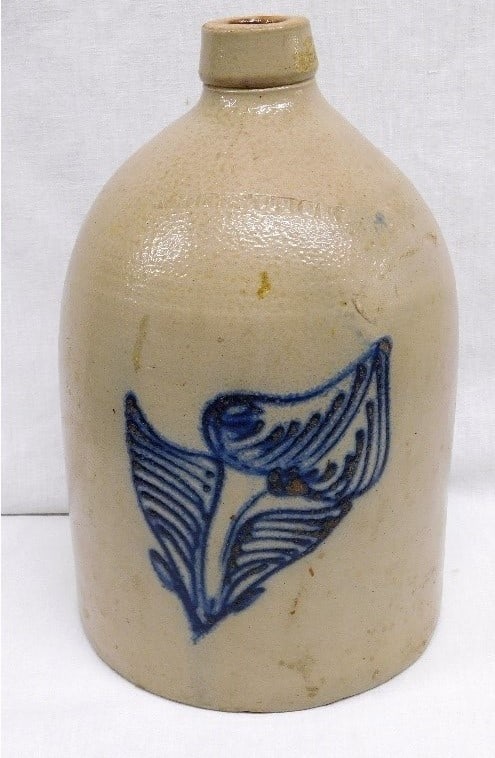 White's Utica Cobalt Leaf 2 Gallon Jug: Whites Utica, NY marked 2 gallon jug w/cobalt 3 leaf design, vivid blue color, minor kiln fry, clean, good shape