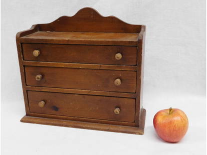 Miniature 19th C. Pine 3 Drawer chest: Dimunitive sized 19th c. 3 drawer pine or poplar construction chest for combs, fountain pens, dresser accessories, etc. May also be doll furnituure. 11.5" wide, 10.25" height, 4.25" depth