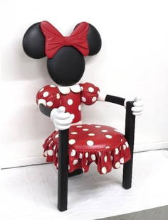 Paddy Gordon Disney Leather Minnie Mouse Dining Chair: (Disney, c.1990s) A Pop Art Minnie Mouse-form formal dining chair designed by leather crafter Paddy Gordon. Constructed of leather upholstered wood with white plastic hand accessories, the chair featu