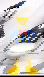 Paddy Gordon Donald Duck Leather Disney Chair: (Disney, c.1990s) A Pop Art Donald Duck form formal dining chair designed by leather crafter Paddy Gordon. Constructed of leather upholstered wood with white fiberglass plastic hand accessories, the c