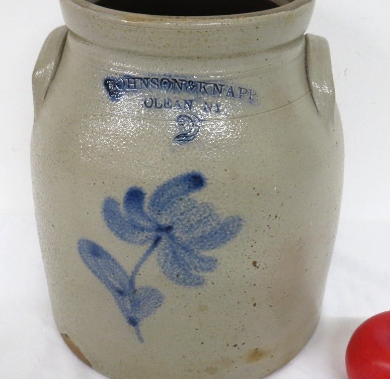 Johnson & Knapp, Olean NY Blue Floral 2 Gal Floral Jar: Attractive blue decorated merchant stoneware jar marked Johnson & Knapp, Olean NY, stands 11"