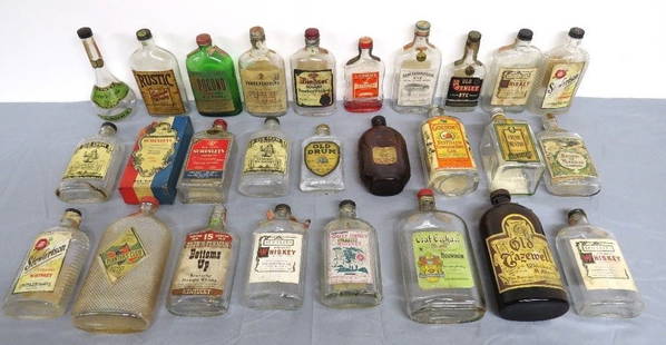 26 Prohibition Era Whiskey Flasks NJ, PA, MD: From a NJ estate this great lot of 26 Prohibition to 1950's Era Labeled Whiskey bottles, many w/tax seals/stamps, some Bottled in Bond dated 1930's. Many from New Jersey, PA & Maryland, etc. 1/2 pint