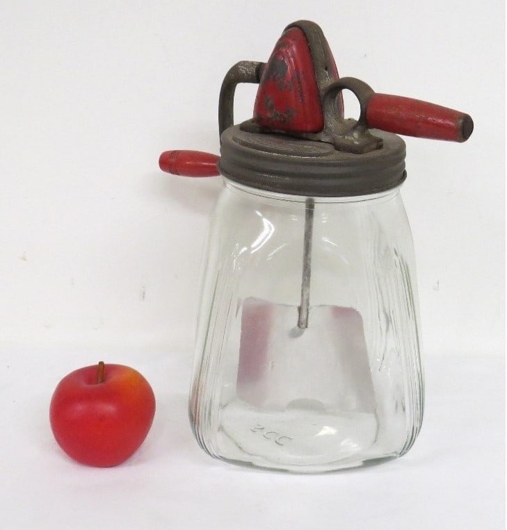 Deco Styled Gallon Sized Red Kitchen Churn: Vintage Art Deco era Kitchen countertop churn, complete, red & cream color.