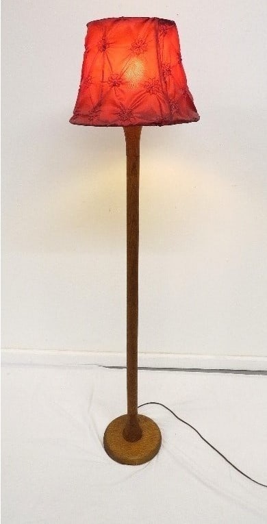 Danish Modern Oak/Walnut Floor Lamp w/Cranberry tufted floral shade (1 of 7)