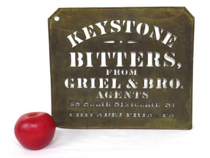 19th C. Brass Stencil - Keystone Bitters, Philadelphia PA: An extremely rare 19th century brass advertising stencil for boxes of Keystone Bitters, sold by the Griel Brothers, Agents located at 26 South 16th Street in Philadelphia, PA. Measures 8.25" x 10" in