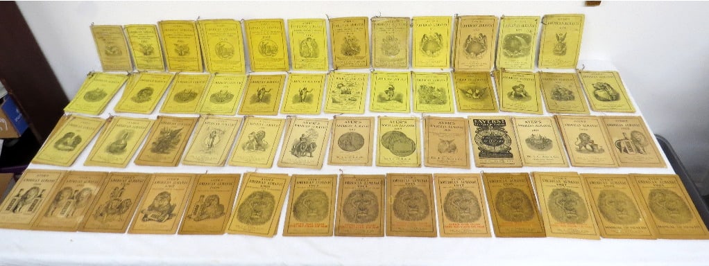 Trove of 83 Ayer's Medicinal Almanacs, Lowell Mass 1860-1923: A spectactular collection of Ayer's Trade Almanacs from the famous company founded in Lowell, Mass dating from 1860, start of the Civil War up through 1923. Some duplicates of various years, overall n