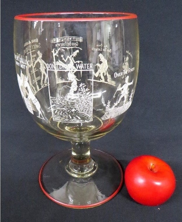 Large Size 1932 Prohibition Ends Oversize Glass Goblet w/Enameled History: A truly spectacular piece of glass commemorating or celebrating the end of Prohibition in 1932, with 7 separate enameled "scenes" that follow the progress of prohibition from inception to end due to j