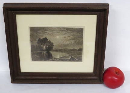 John Henry Hill - c.1866 Moonlight on the Androscoggin Hill - New Hampshire: Mid-19th C. framed etching and aquatint on woven paper, frame measuring 13.25" x 11.5" in size, by John Henry Hill of Lake George, NY (1839 - 1922) Dates c.1865-70, similar examples exist in multiple