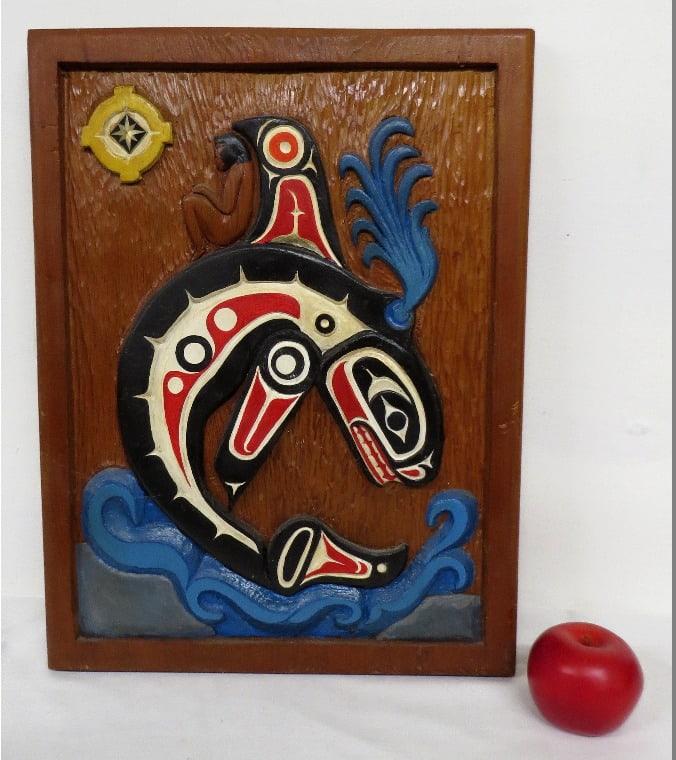 MCM Folk Art Carved Wooden Panel - Killer Whale Titled: A most interesting hand carved wooden panel featuring a figure in the nude seated atop the whale as it arches above the water. Panel has a Native American / West Coast appearance with bright colors & 