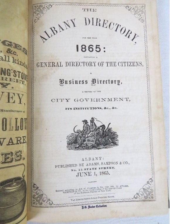 Albany, NY Directory for 1865 Belonging to the Water Commissioner!: Albany, NY directory for 1865 publ. by the Adam's Sampson & Co., 280pgs in length, board covers marked - Water Commissioner. Measuring 6" x 9.5" in size. There are 45pgs of advertisements in this one 