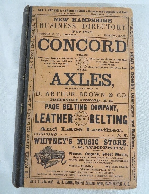 1878 New Hampshire Business Directory by Briggs & Co.: The New Hampshire Business Directory for 1878 by Briggs & Co., of Boston, Mass. 292pgs in length, measuring 6" x 9.25" in size. Directory listings and 64pgs alone of just advertisements! Intact bindin