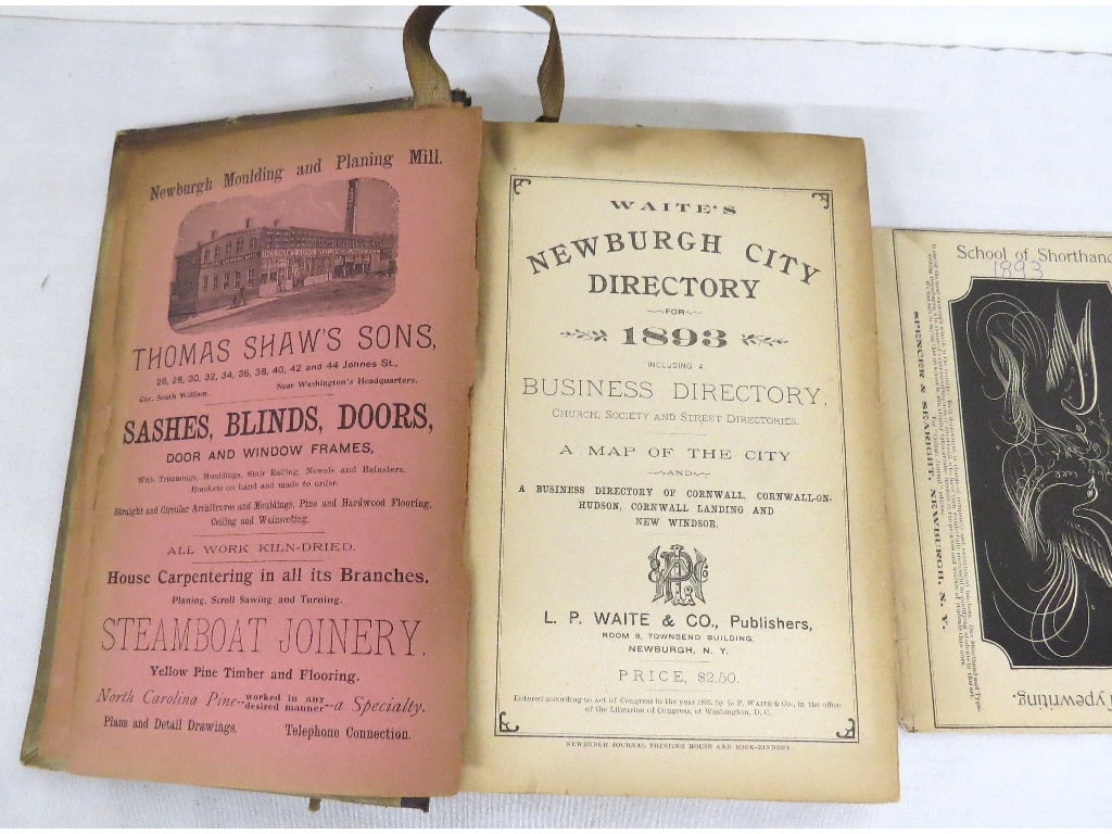Waite's Newburgh City Directory for 1893: Waite's Newburgh City Directory for 1893, with map, 504pgs measuring 6" x 9.5" in size. Full of advertisements, residential & business listings, clean copy.