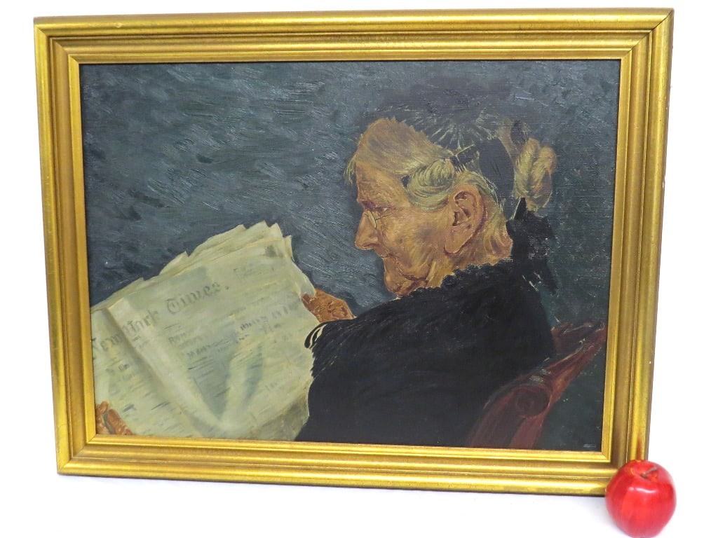 MCM O/C Painting of Elderly Woman Reading the New York Times: Interesting painting of an elderly Grandma Moses styled woman sitting in her chair reading the New York Times. Unsigned, gilded frame measures 30.5" x 24" in size