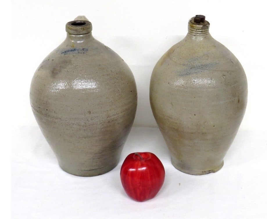 Pr. of 1830's Era Stoneware Ovoids, One blue stamped L & BG Chace / Somerset: Both approx 2 gallon, one marked L&BG Chace, Somerset in two lines, other is unmarked but with wonderful blue slip runs or "slippage" down backside. Ringed neck possible CT origins. Minor chipping at 
