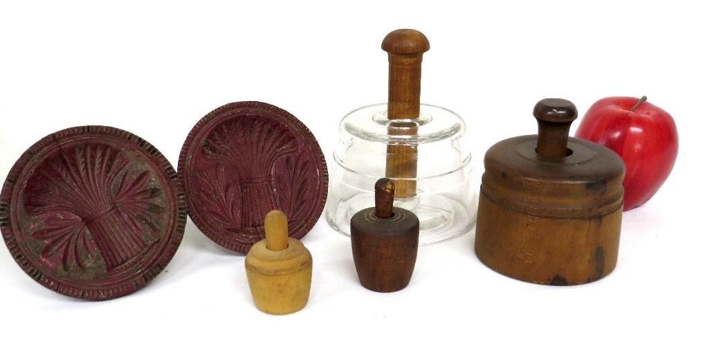Six early butter stamp molds including rare glass butter stamp (1 of 7)
