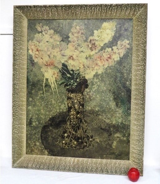 Art Nouveau Stylized Still Life Floral By SJ Rad: Quite large at 38.5" wide, 48.5" tall and 3.5" inset deep. A very attractive french post impressionist styled oil or acrylic painting set in an attractive frame. The work is on board and very well exe