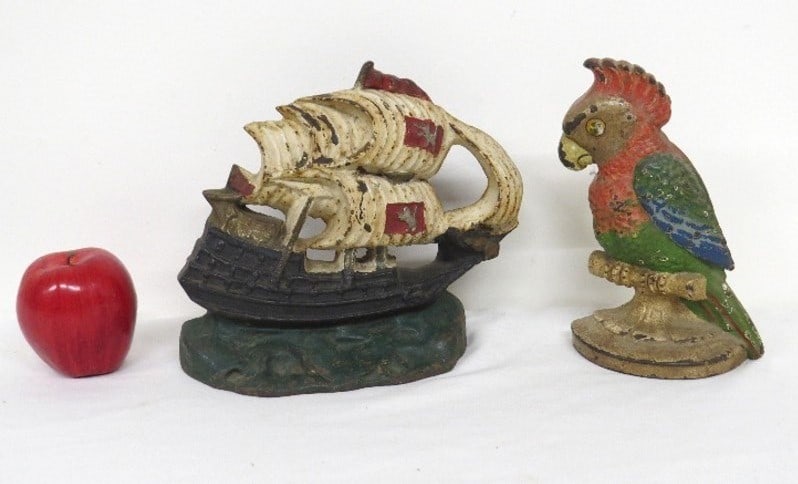 Pr of late 19th Iron Door Stops Spanish Galleon & Parrot (1 of 7)