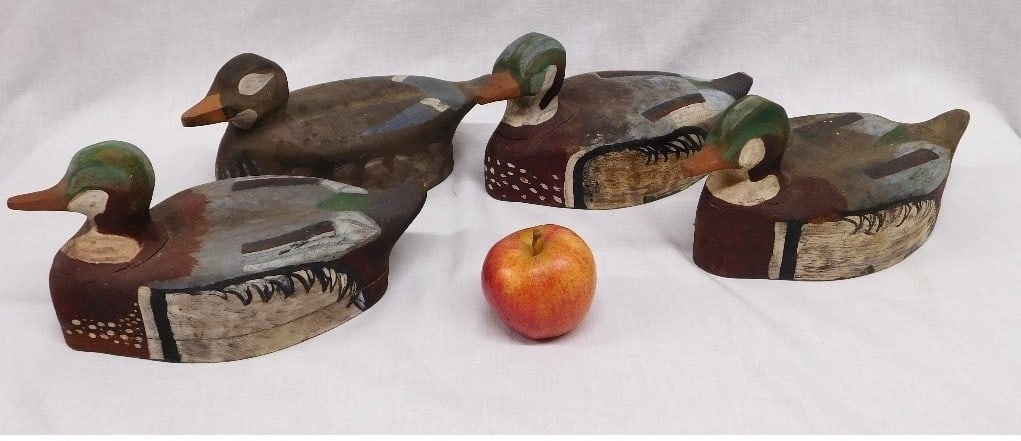 4 pine hand carved & painted duck decoys (1 of 6)