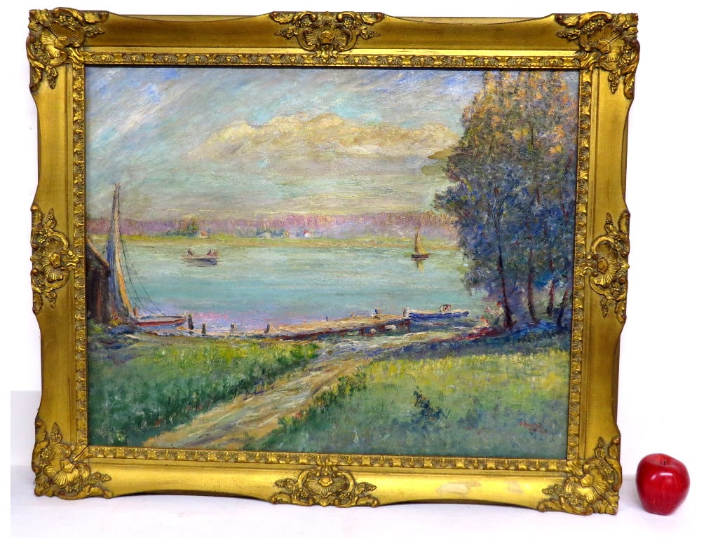 David Rosenthal (1876-1949) Painting of Oden, Michigan: David Rosenthal (American, 1876-1949), An American Impressionist this wonderful painting is apparently of Crooked Lake in Oden Michigan, with sailing boats and a dock in the foreground. Signed lower R