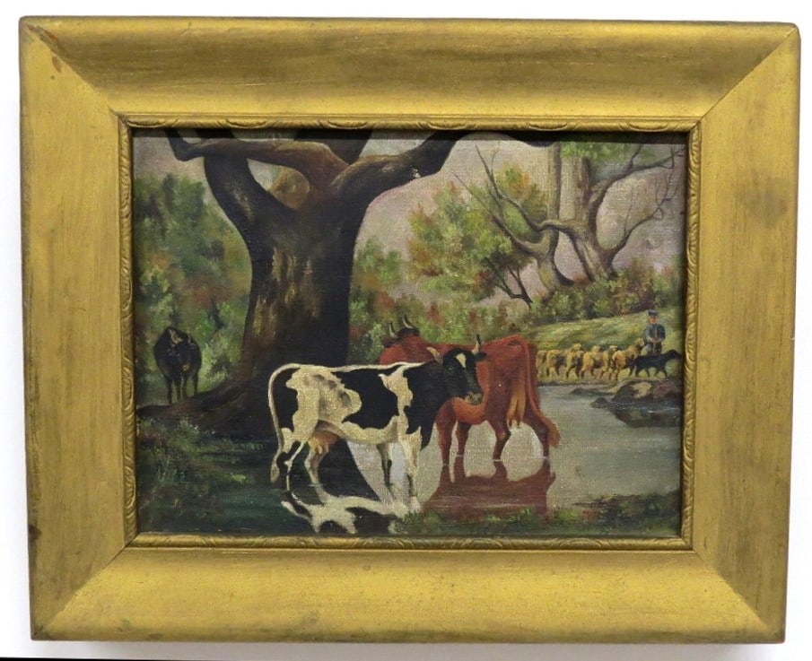 19th C. O/B of Bulls and Cows and Sheep Herder w/Flock (1 of 3)
