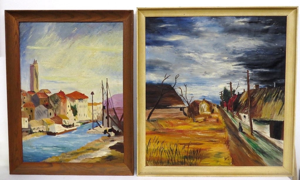 Pr. MCM Impressionist Paintings - Gail Edwards: Two MCM paintings, one on canvas of a street lined with thatched roof homes, possibly England/Ireland/Scotland, the other what looks to be an intercoastal or canal with homes on one side, docks on the