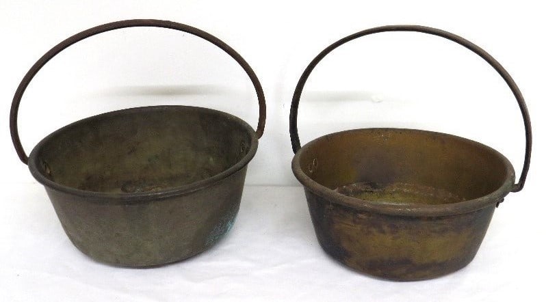 (2) 19th C. Fireplace Iron & Copper/Brass Hanging Pots (1 of 11)