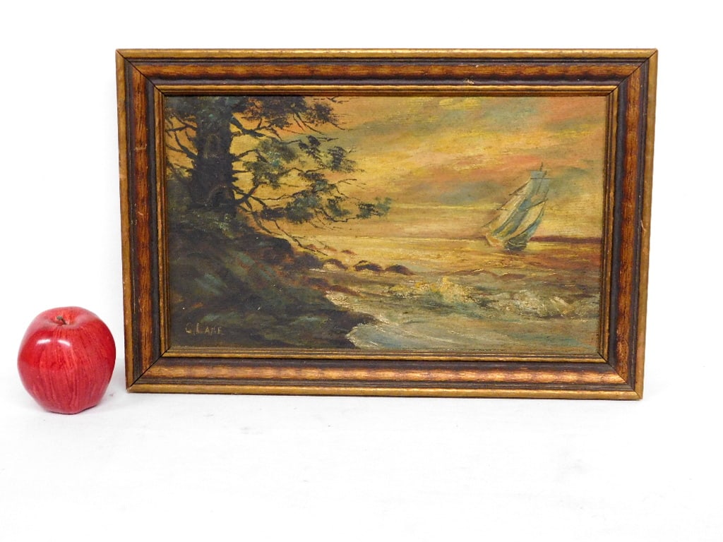 19th C. O/C Painting of a  schooner along the shoreline (1 of 3)