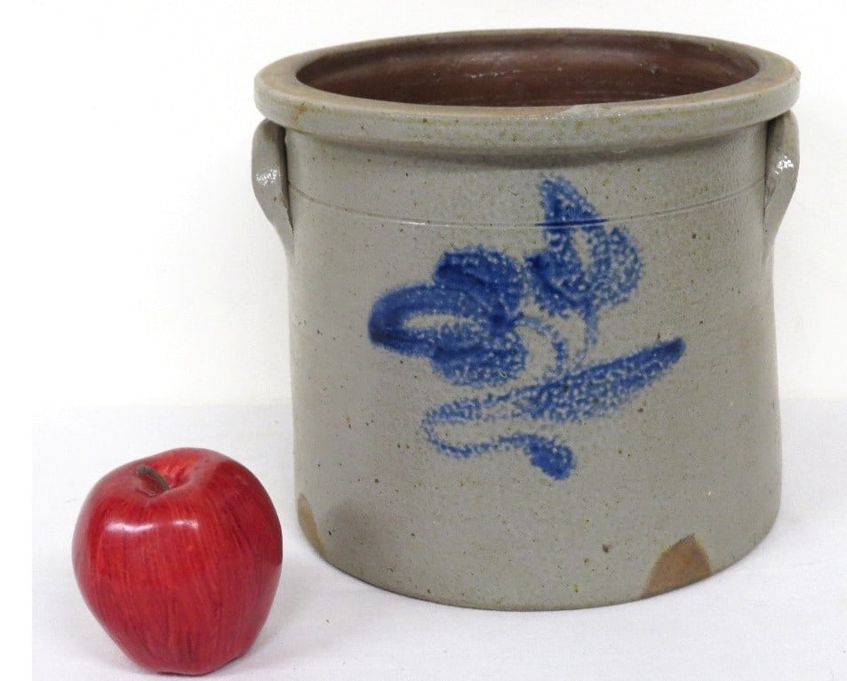 A.J. Butler / Manufacturer / Brunswick, NJ Stoneware Crock: A double sided #2 marked stoneware crock with nicely done floral design on one side, marked as A.J. Butler / Manufacturer / Brunswick, NJ on the other. Good condition overall