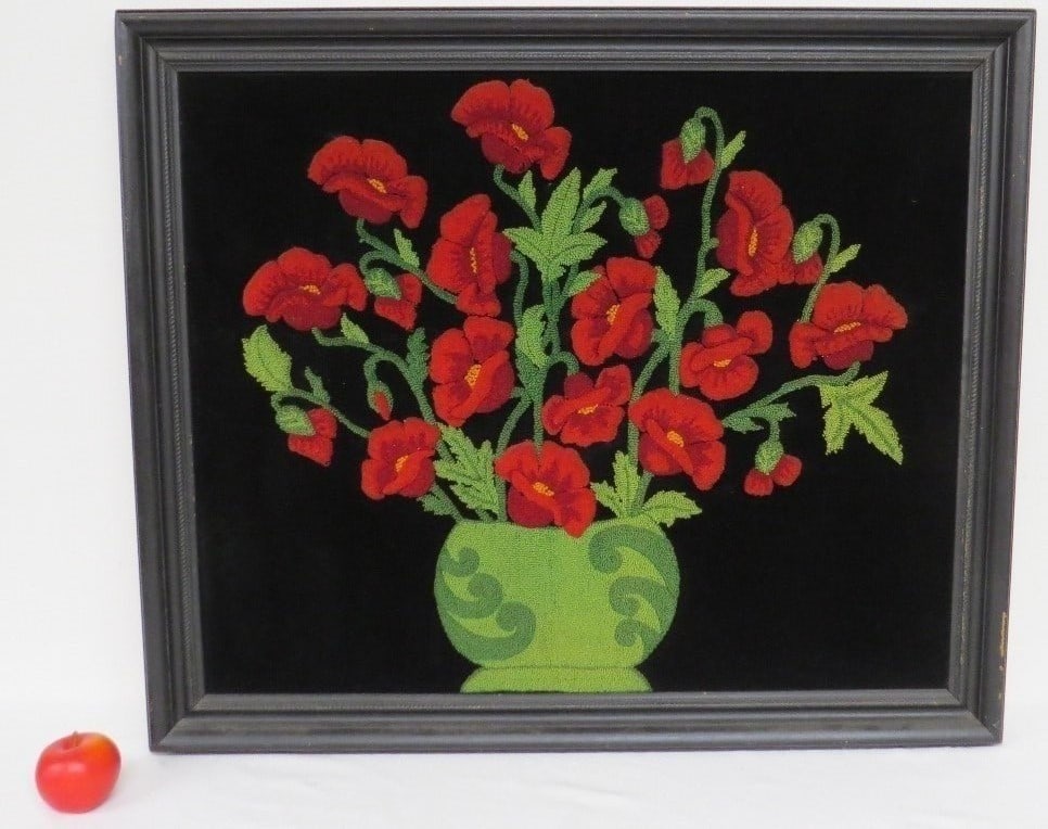 Beautiful Needlework Red Poppies in Green Vase Bouquet: A striking needlework of a bouquet or arrangement of blood red poppies in a green vase, set against a jet black velveteen background, frame measures 36" wide x 30.25" tall, unsigned