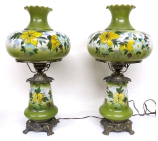 Handpainted MCM Hurricane Lamps Floral Green & Yellow