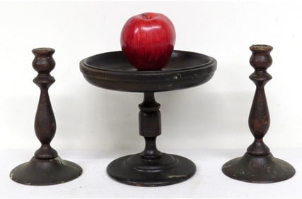 19th C. Treenware Candlesticks and Comport