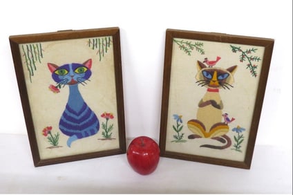 A pair of MCM Era Framed Needlepoints of Kitty Cats