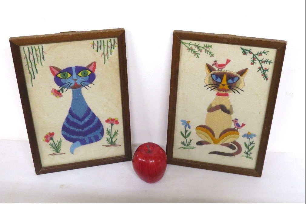 A pair of MCM Era Framed Needlepoints of Kitty Cats (1 of 4)