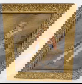 19th C. Gilt Gesso Oak Leaves Picture Frame w/Print