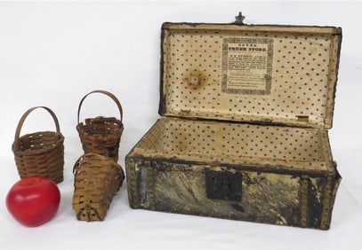 Early 19th C. Calfskin Cov Box Dover NH & 3 Taconic Baskets
