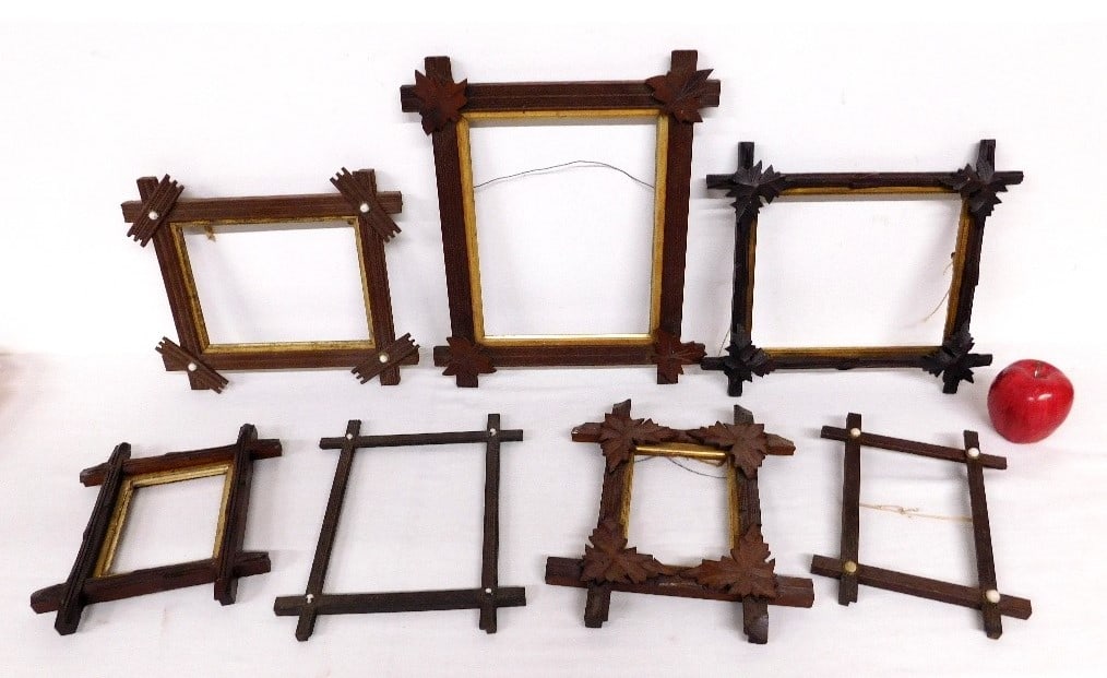 7 Eastlake Era Picture Frames: A nice group of 7 Victorian Eastlake / Aesthetic Period Frames, complete, with image mount dimensions ranging from 4'" x 5" to 7" x 9" in size.