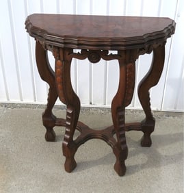 19th C. Baroque Flame Mahogany Topped Demilune Table