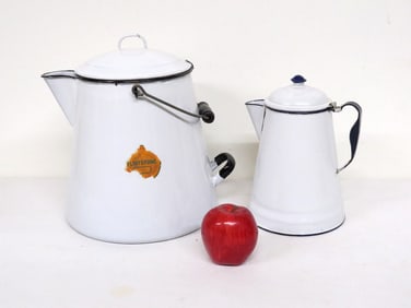 2 White Enameled Camp Coffee Pots, One Labeled