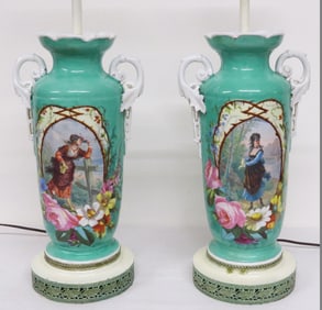 Two Lovely Porcelain Painted Table Lamps w/Shades