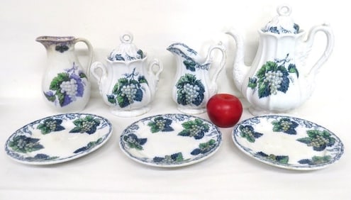 9pc Jacob Furnival Co Ironstone Grape Pattern Mid-19thc