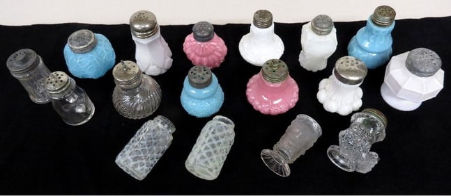 17 Victorian Pattern Glass Shakers Colored & Figural