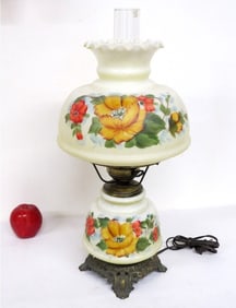 A Vintage Floral Painted Hurricane Shade Lamp