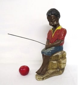 Black Americana Concrete Fishing Boy Garden Statue Orig Paint