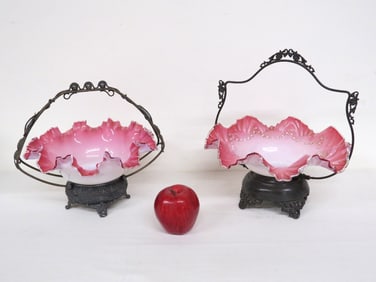 Two Victorian Pink & White Brides Baskets - Possibly Fenton