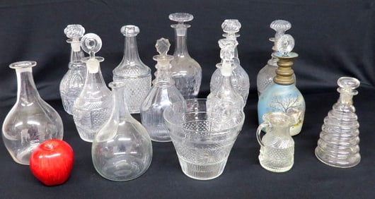 A large lot of Blown Three Mold & Pressed Glass Decanters