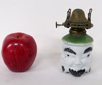 19th C. Four Asian Faces Painted Porcelain Oil Lamp