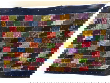 19th C. Hand Stitched Velvet Brick Wall Coverlet / Quilt