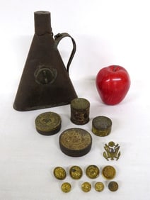 Lot of early military buttons, primer cap tins, etc.