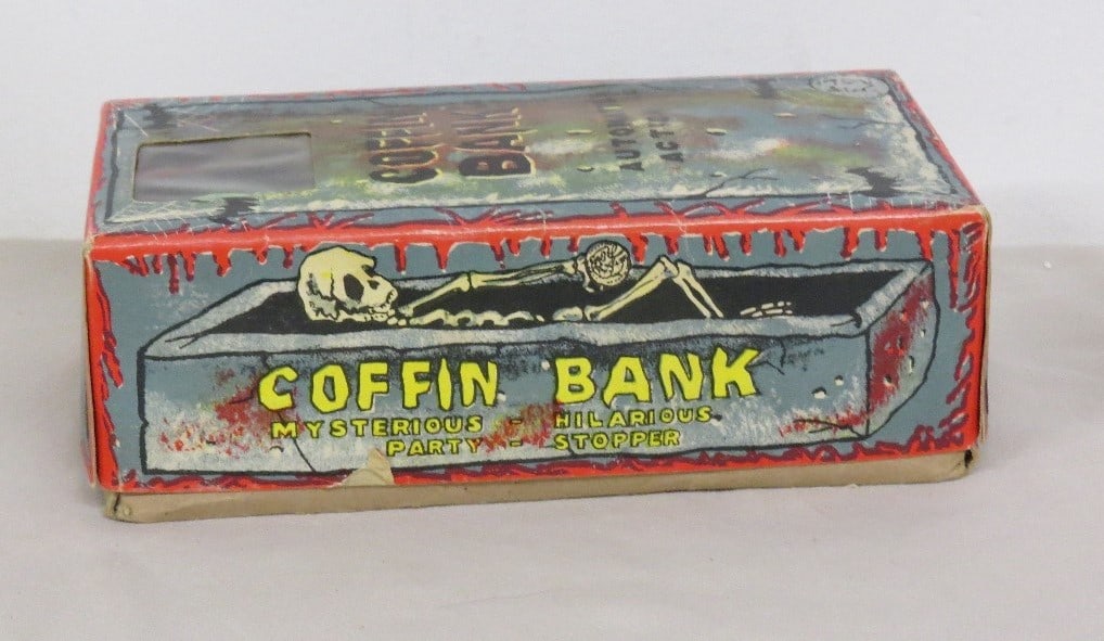 1960's Japanese Tin Mechanical Coffin Bank in Box (1 of 9)
