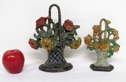 (2) Basket of Flower's Cast Iron Doorstops by Hubley